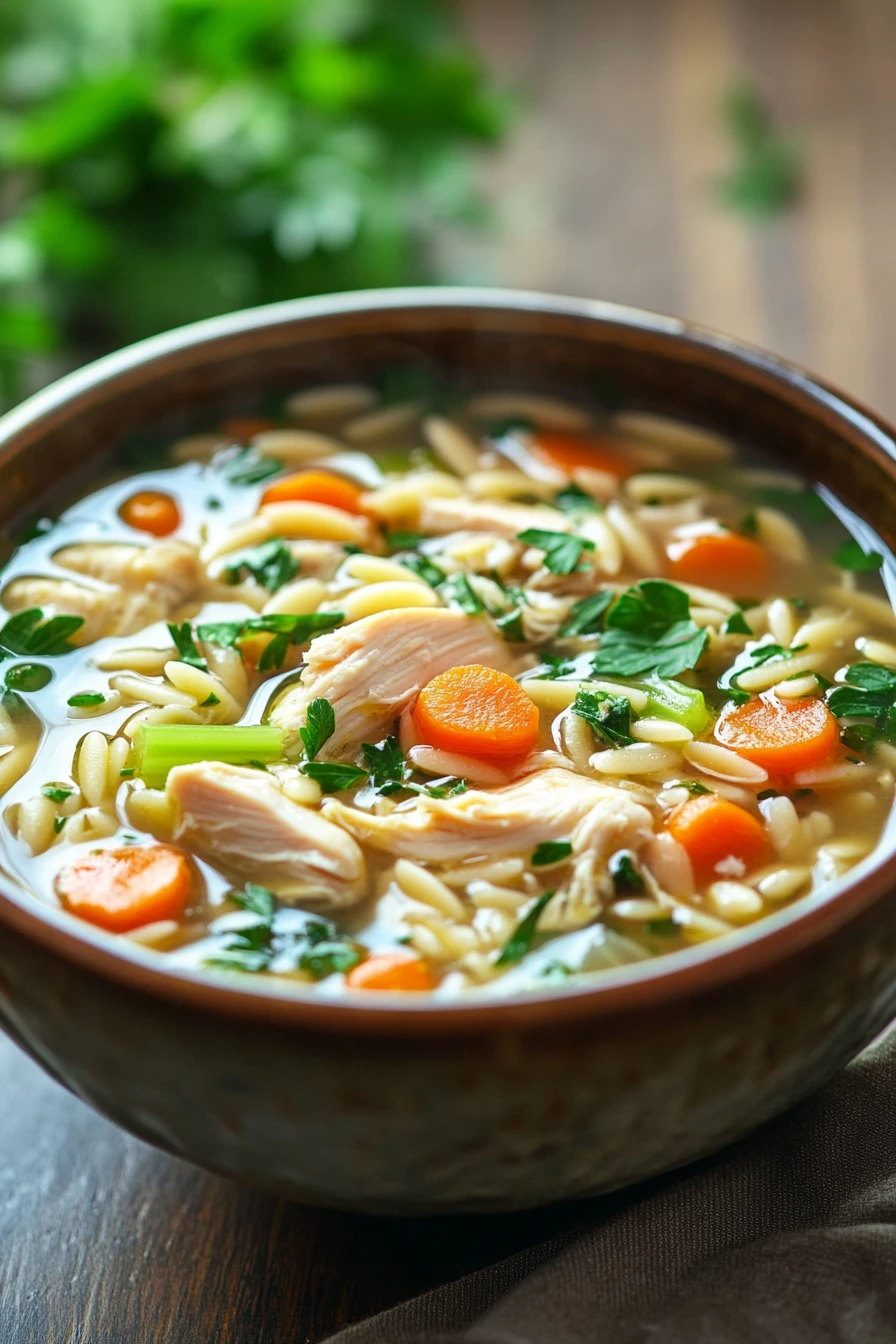 Close-up of a vibrant chicken orzo soup with vegetables and herbs in a bright setting.