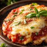 Close-up of low calorie chicken parmesan with melted cheese and tomato sauce