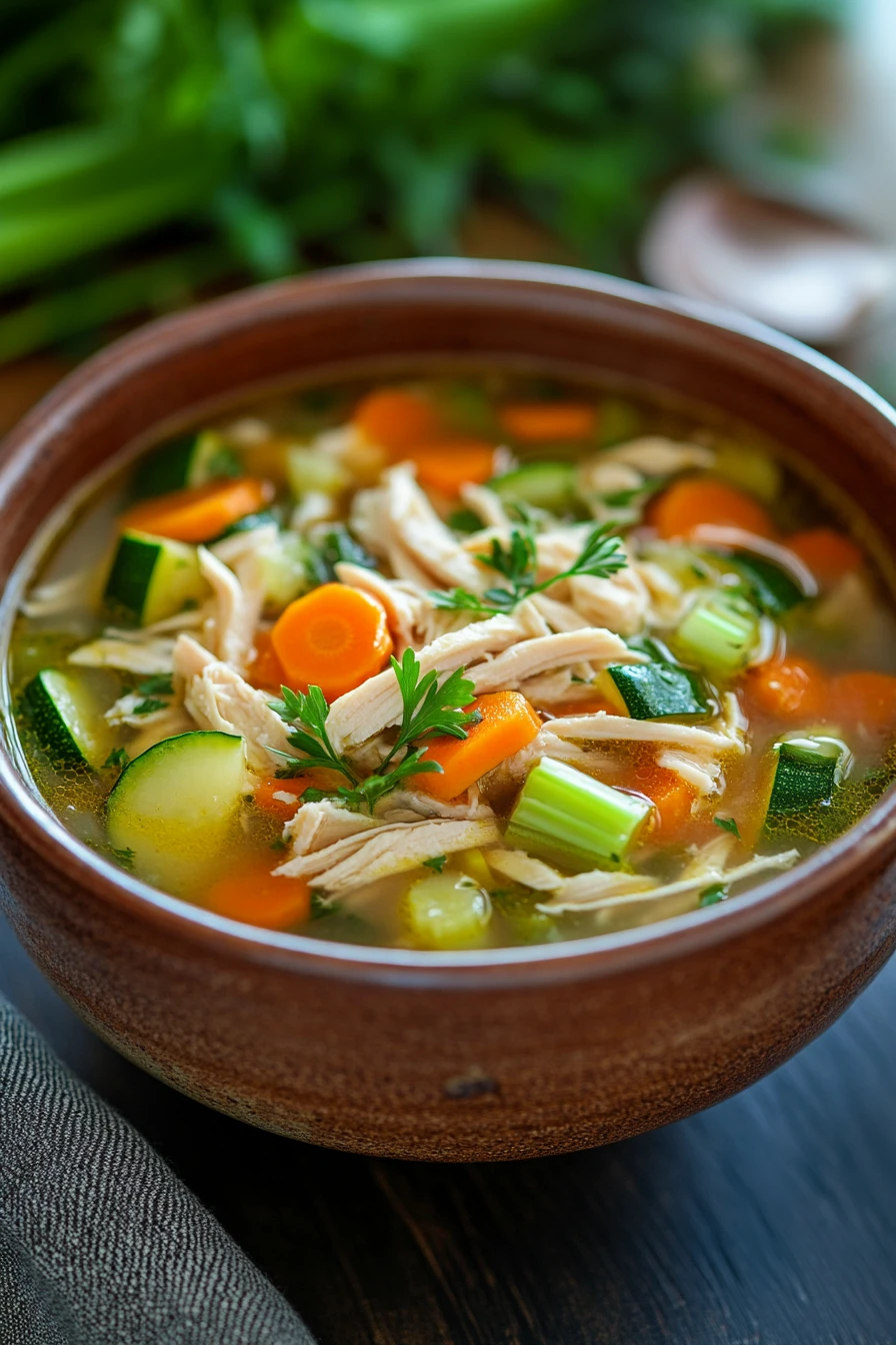 Close-up of low calorie chicken vegetable soup with vibrant vegetables and clear broth