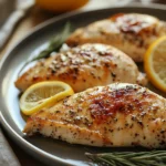 Close-up of low calorie oven baked chicken with a golden crust and herbs