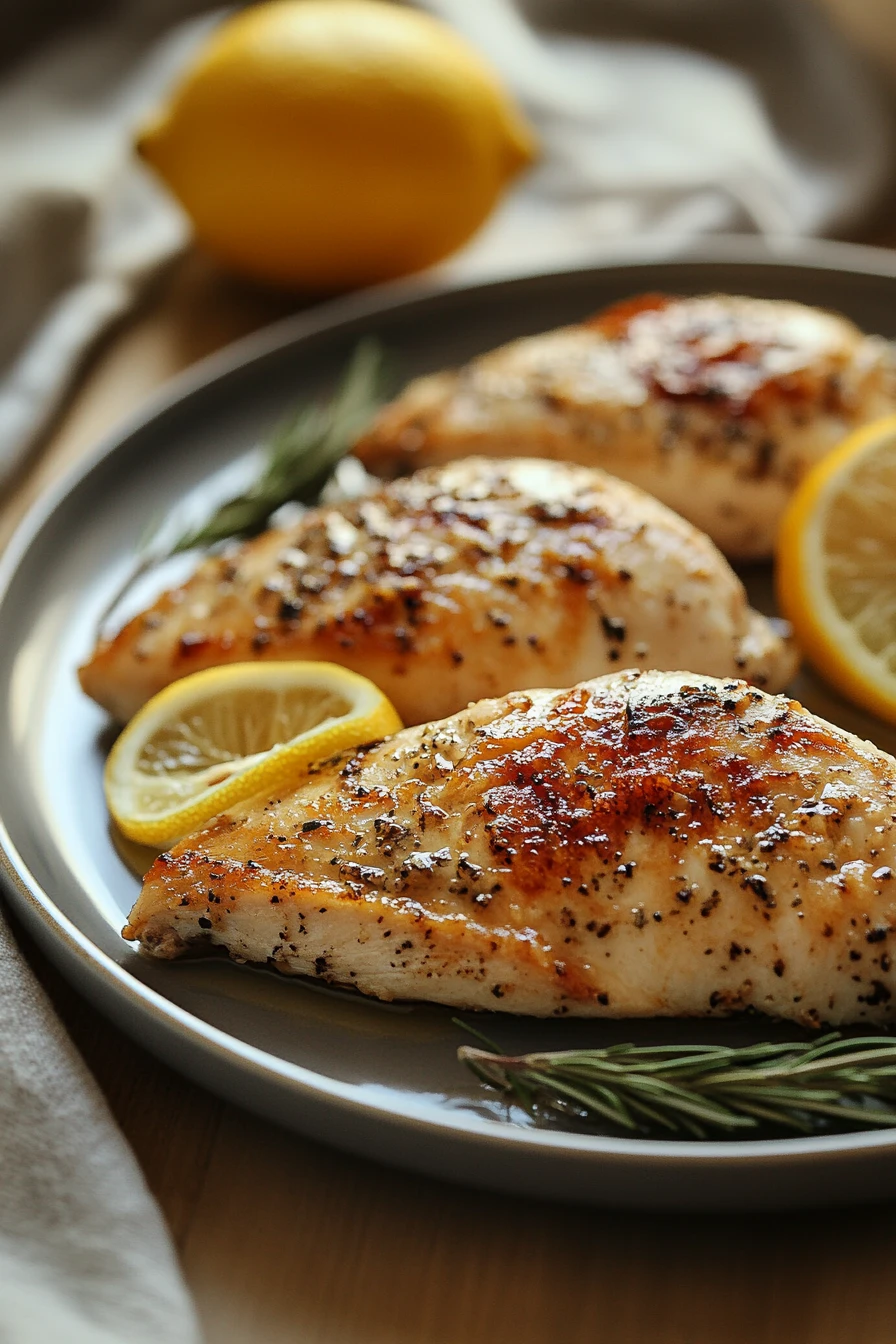 Close-up of low calorie oven baked chicken with a golden crust and herbs