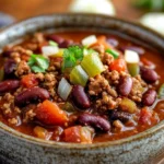 Close-up of a hearty low calorie slow cooker chili with beans and vegetables.