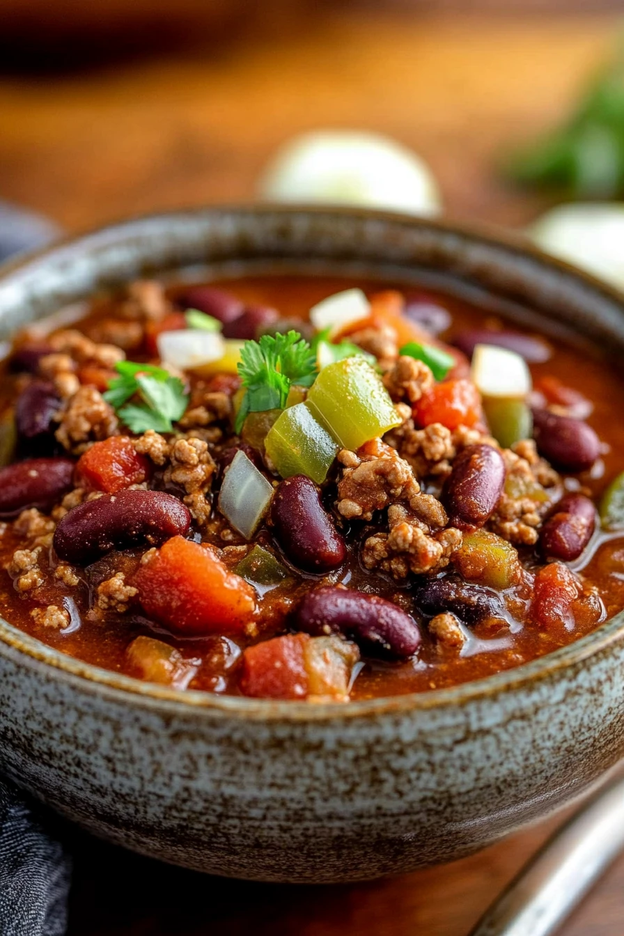 Close-up of a hearty low calorie slow cooker chili with beans and vegetables.