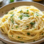 Close-up of creamy make ahead lemon pasta with bright natural lighting