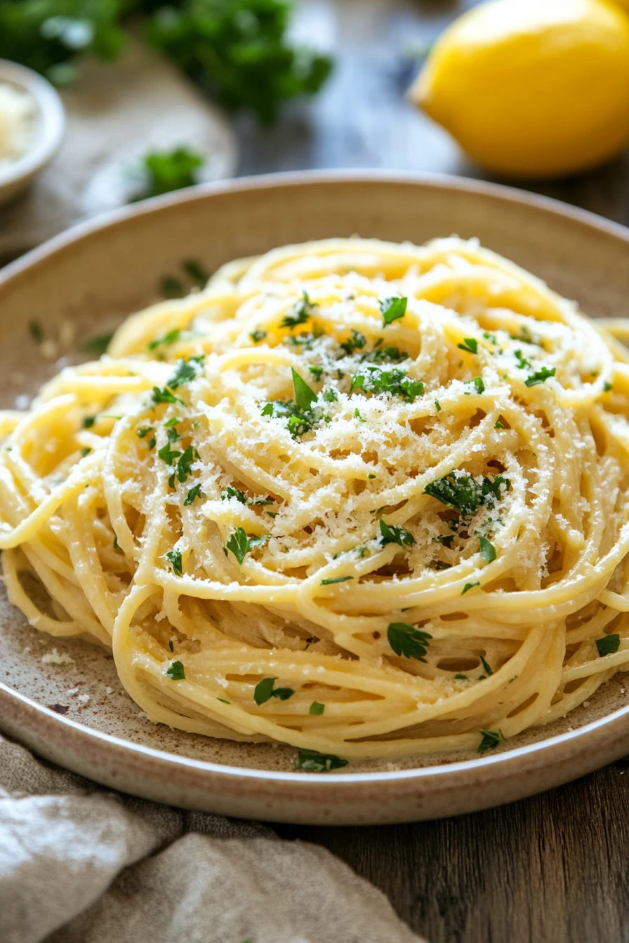 Close-up of creamy make ahead lemon pasta with bright natural lighting