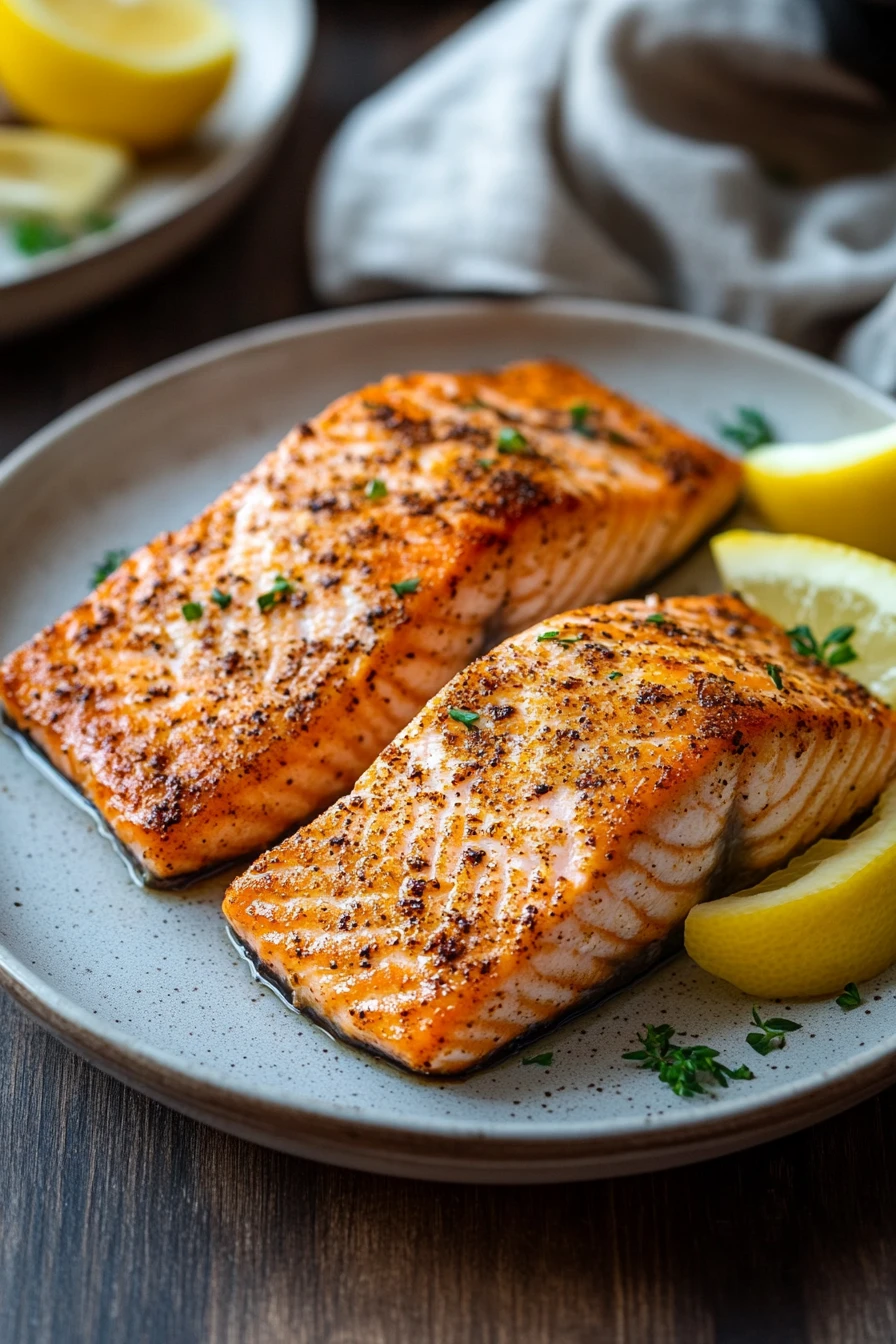 Close-up of deliciously cooked salmon in a Ninja air fryer with a golden crust.