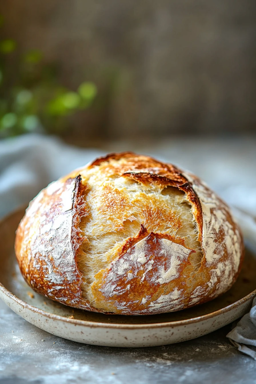 Close-up of freshly baked no knead bread with a golden crust on a wooden board.