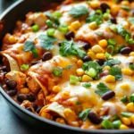 Close-up of a one pot chicken enchilada skillet with melted cheese and vibrant toppings.