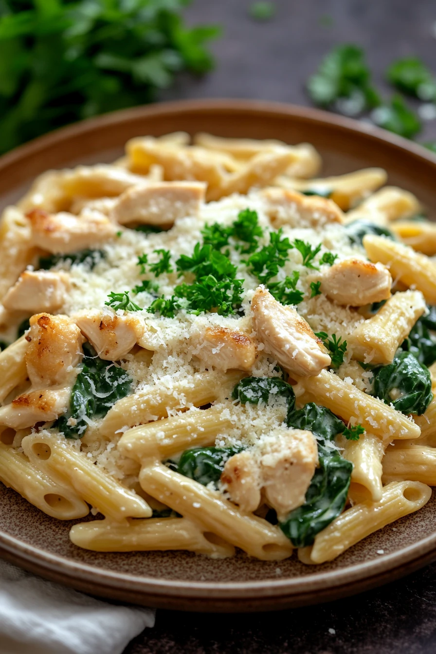 Close-up of creamy chicken garlic parmesan pasta in a white bowl with parsley garnish