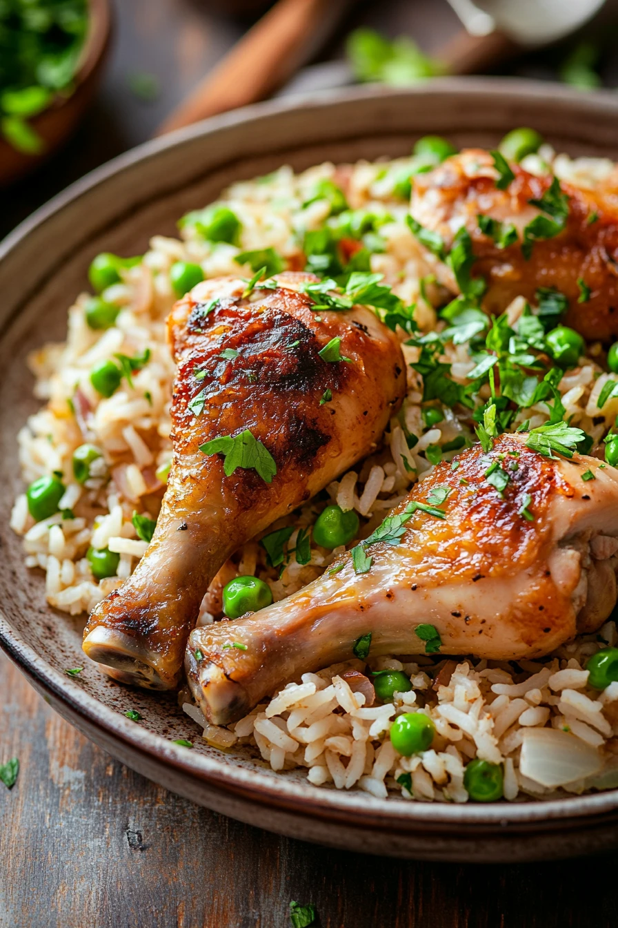 Close-up of one pot chicken legs and rice with bright lighting and minimal background