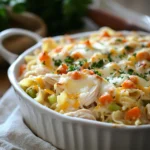Close-up of a creamy one pot chicken noodle casserole with golden cheese topping.