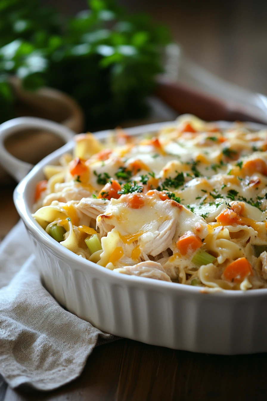 Close-up of a creamy one pot chicken noodle casserole with golden cheese topping.