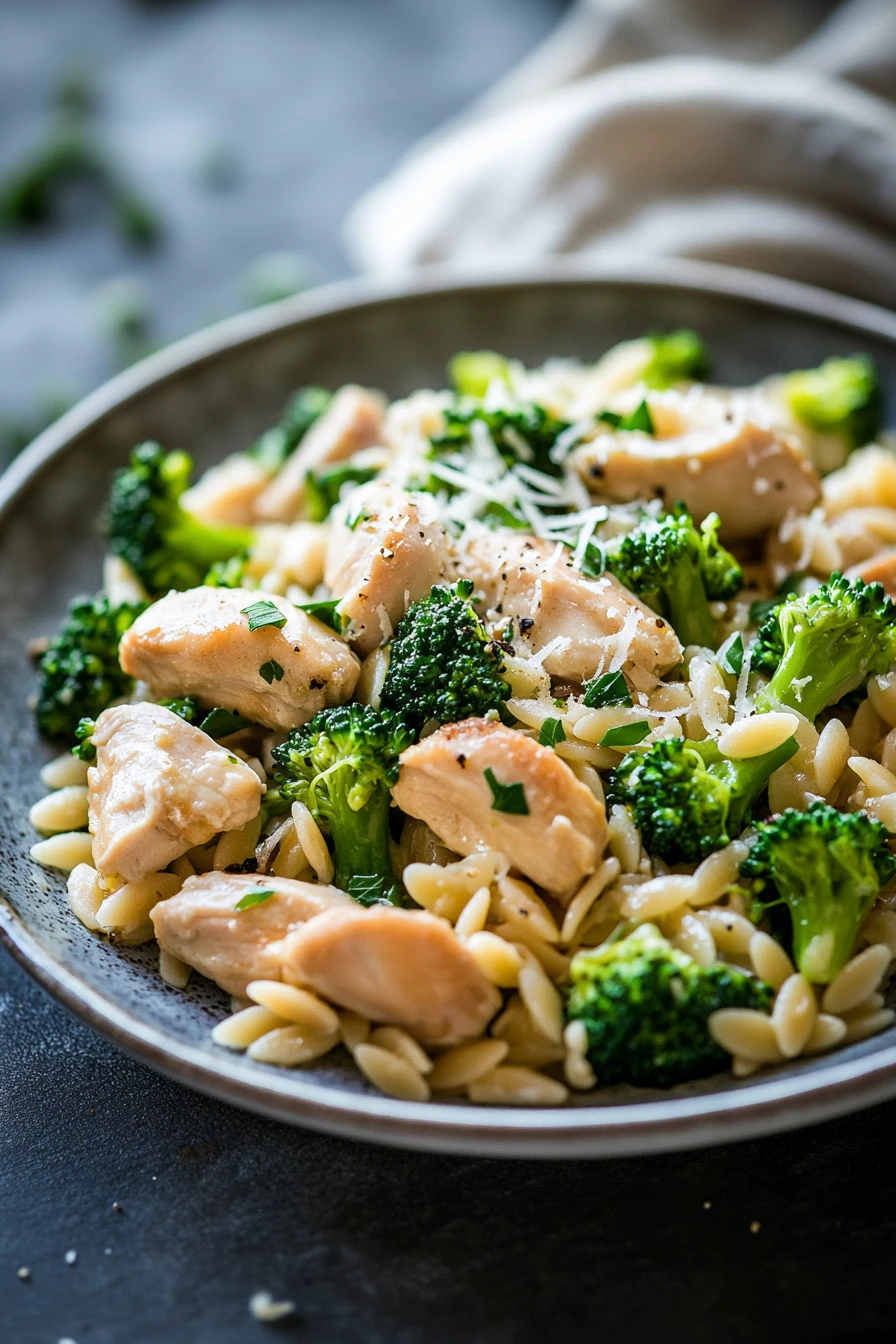 Close-up of a creamy one pot chicken orzo with broccoli, garnished with herbs.