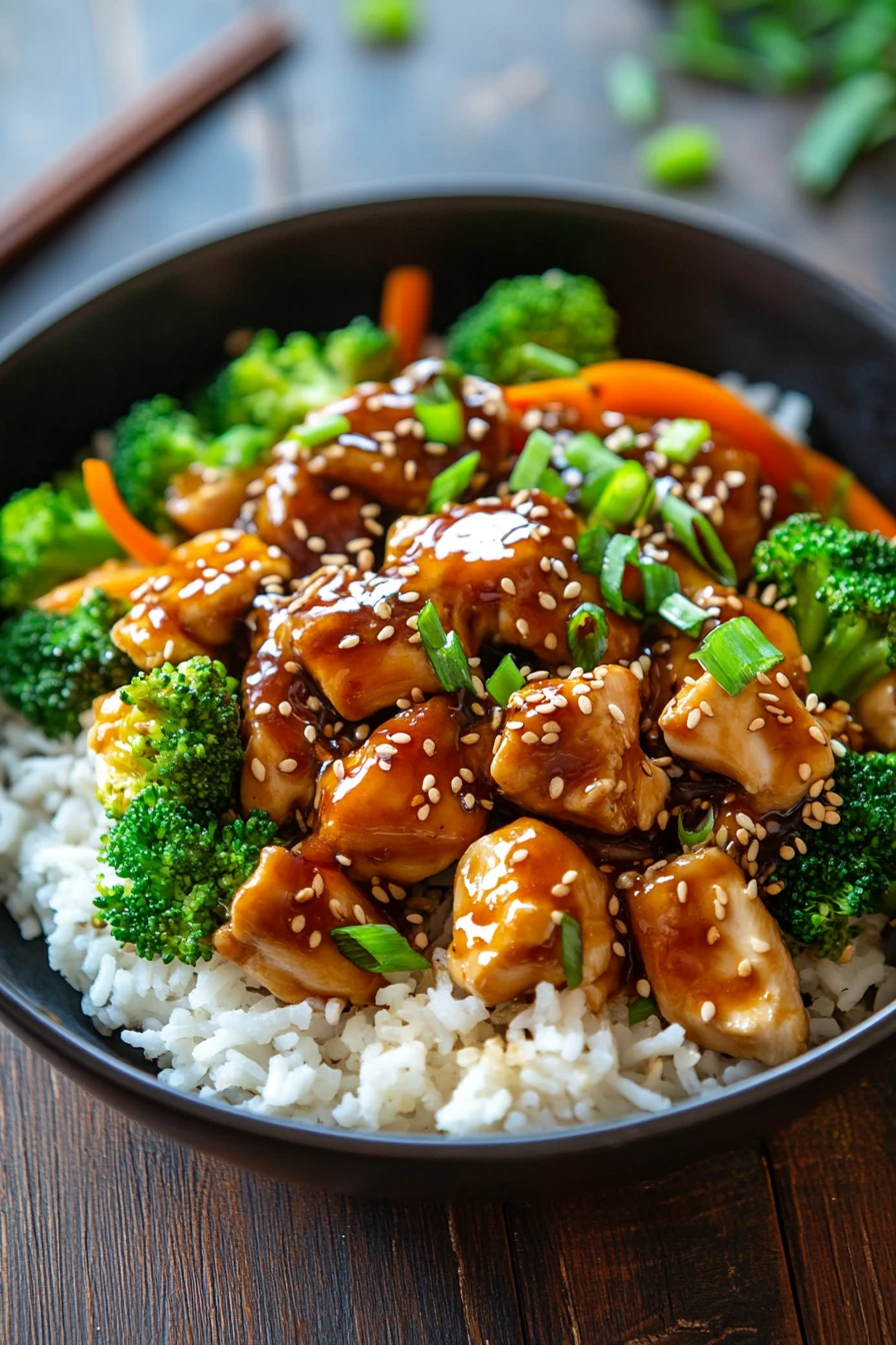 Close-up of one pot chicken teriyaki with bright, natural lighting and sharp textures.