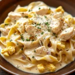 Close-up of a creamy chicken noodle dish with herbs in a white bowl