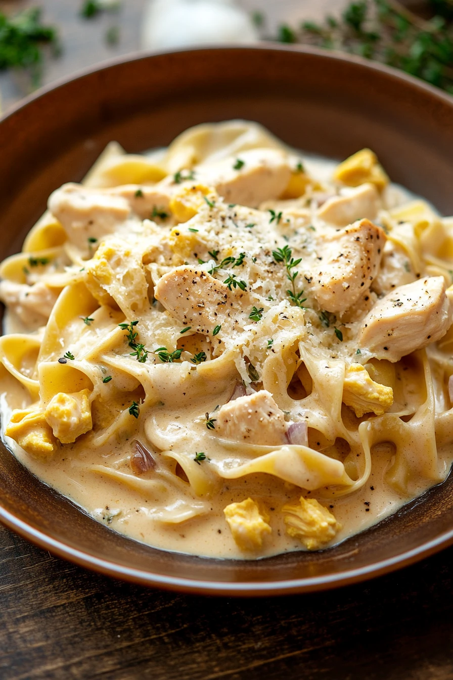 Close-up of a creamy chicken noodle dish with herbs in a white bowl