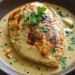 Close-up of a one pot creamy dijon chicken dish with a rich sauce and herbs