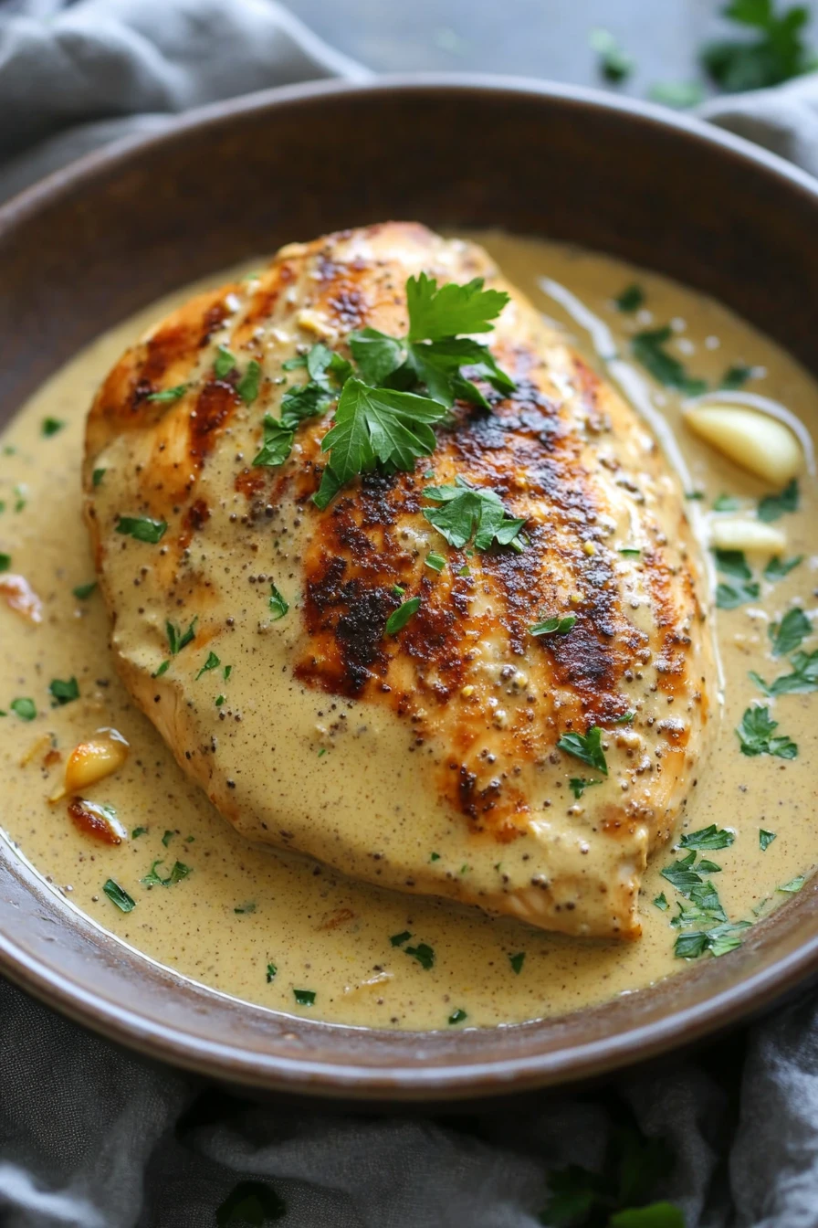 Close-up of a one pot creamy dijon chicken dish with a rich sauce and herbs