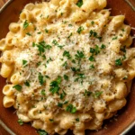 Close-up of one pot creamy ditalini pasta with a rich sauce and herbs