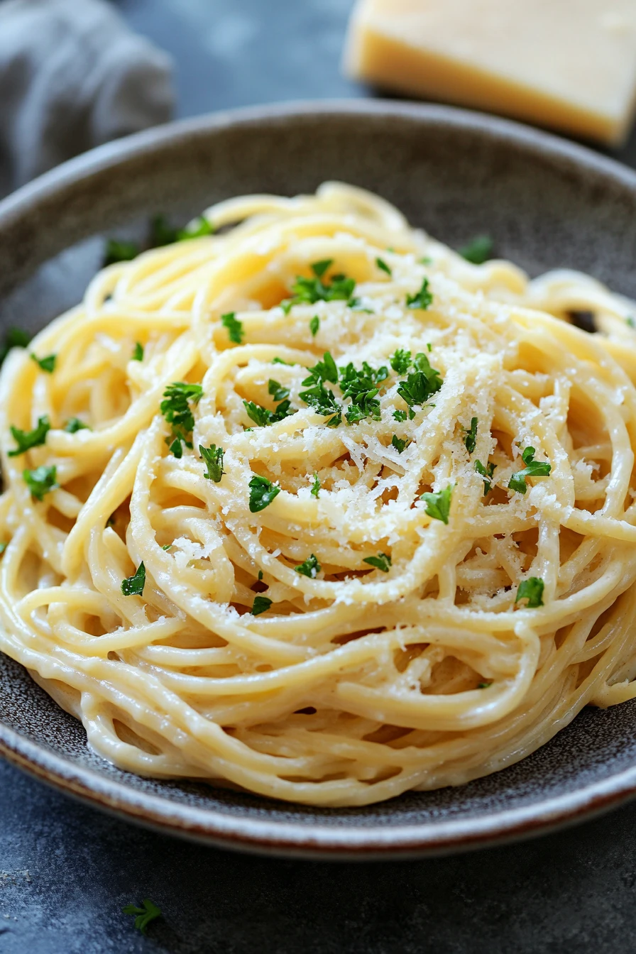 Close-up of one pot creamy garlic noodles with a creamy sauce and garnished with herbs.