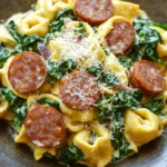 Close-up of one pot creamy kielbasa tortellini with a warm, appetizing presentation.