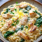 Close-up of creamy lemon chicken orzo pasta with herbs in a white bowl.