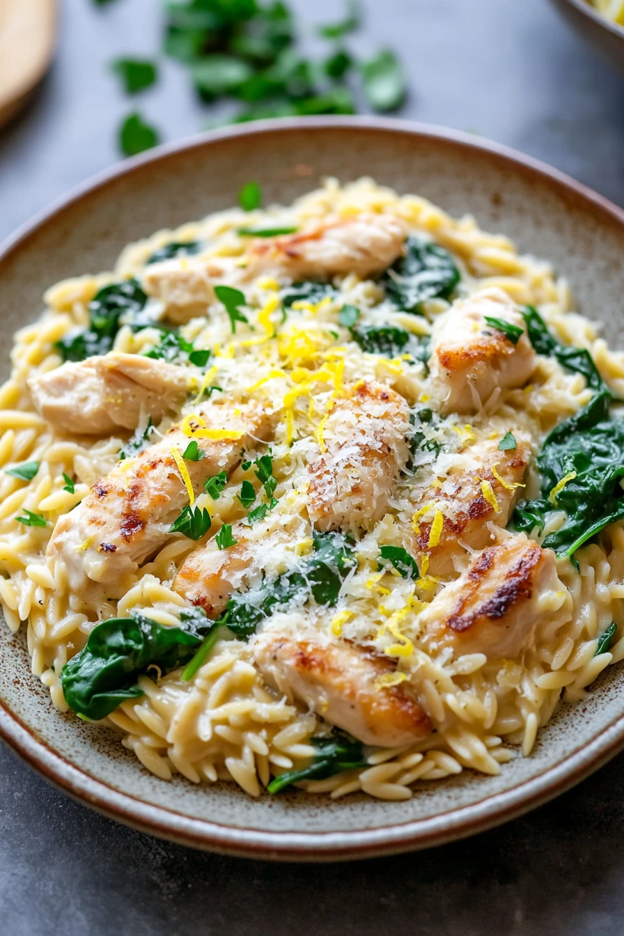 Close-up of creamy lemon chicken orzo pasta with herbs in a white bowl.