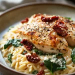 Close-up of one pot creamy orzo with Tuscan chicken garnished with herbs
