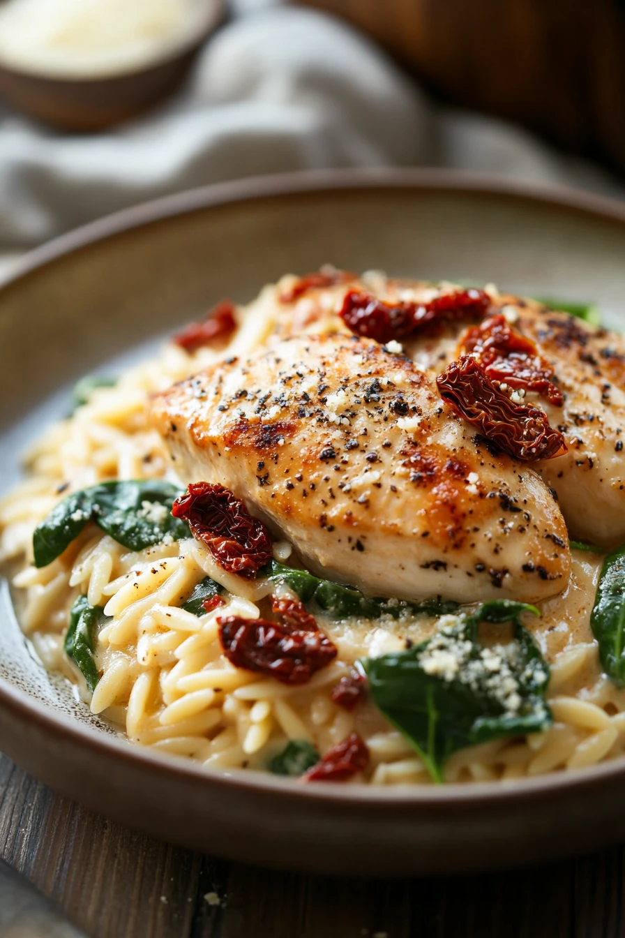 Close-up of one pot creamy orzo with Tuscan chicken garnished with herbs