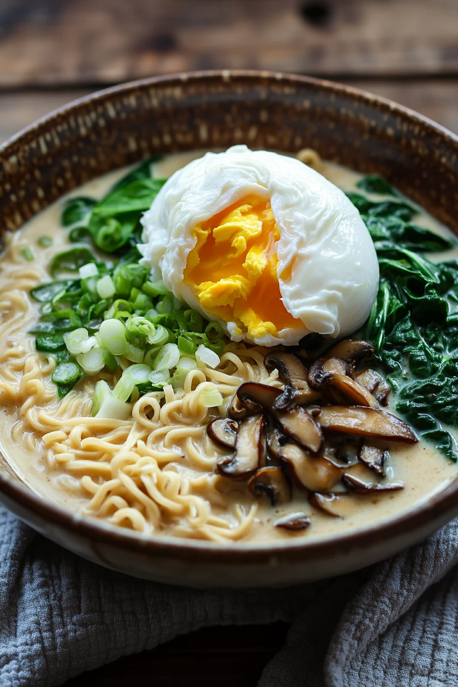 Close-up of one pot creamy ramen with rich sauce and garnishes