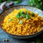 Close-up of one pot dhal rice with vibrant spices and herbs