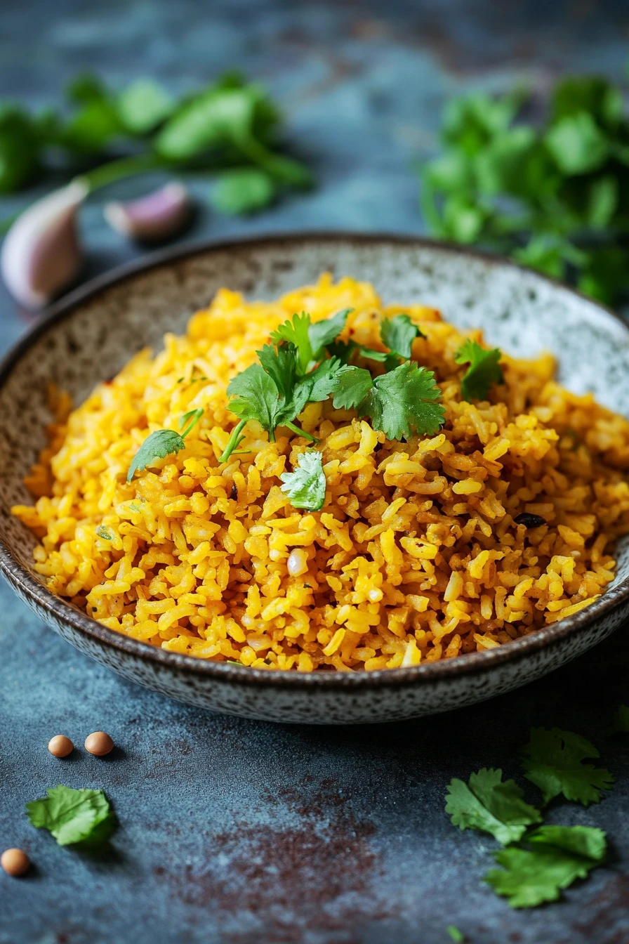 Close-up of one pot dhal rice with vibrant spices and herbs