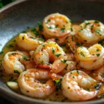 Close-up of one pot garlic butter shrimp with a creamy sauce and herbs