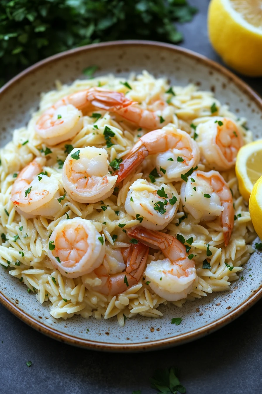 Close-up of one pot garlic butter shrimp and orzo with bright lighting and clean background