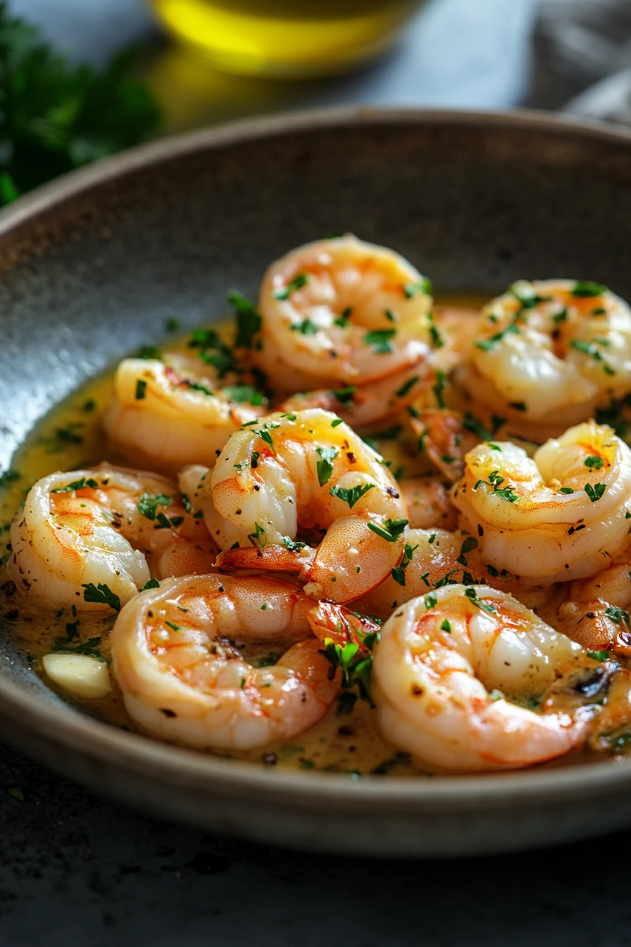 Close-up of one pot garlic butter shrimp with a creamy sauce and herbs