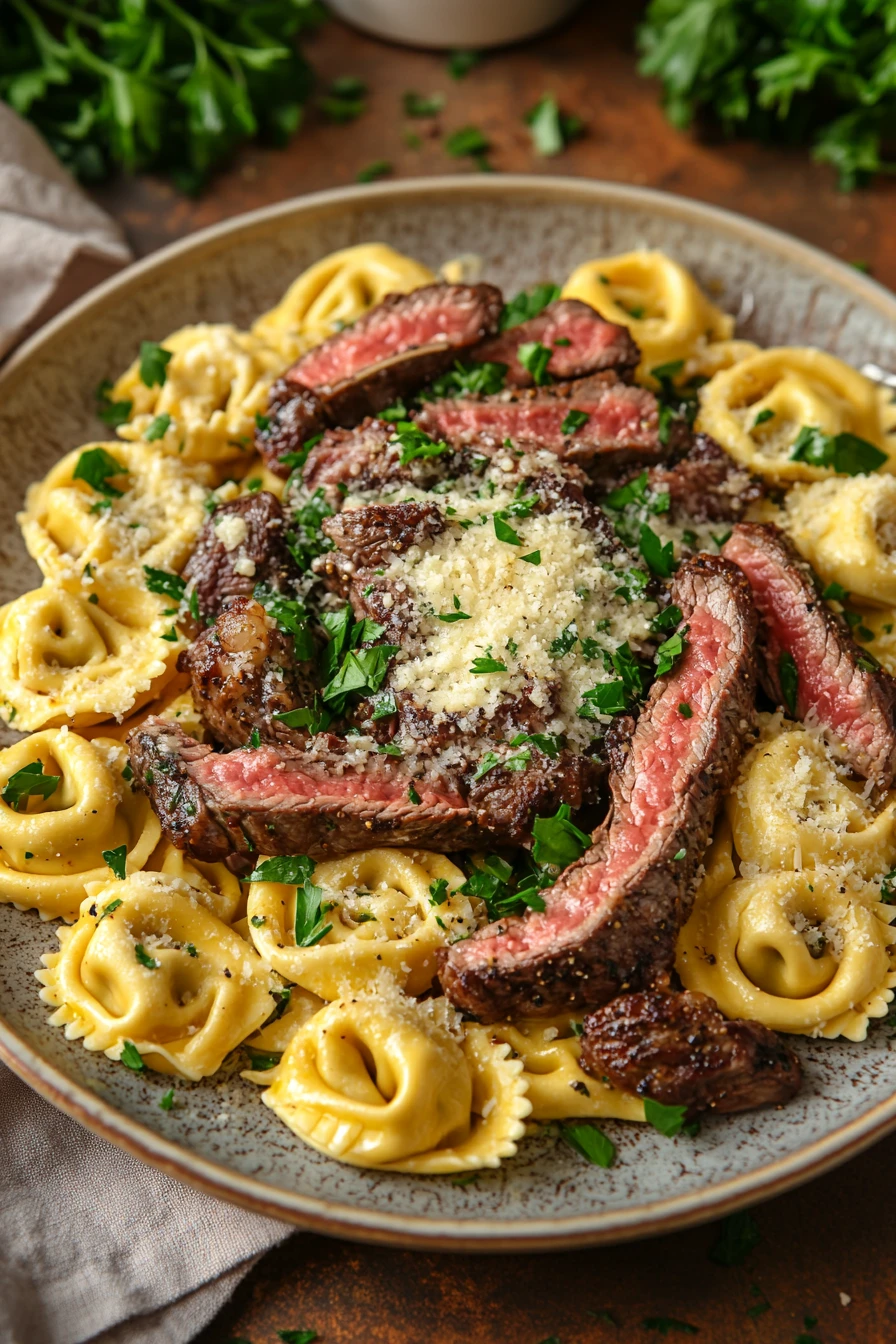 Close-up of one pot garlic parmesan steak and tortellini with creamy sauce