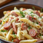 Close-up of one pot kielbasa sausage pasta with creamy sauce and herbs