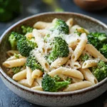 Close-up of one pot pasta with broccoli in a bright, appetizing setting.