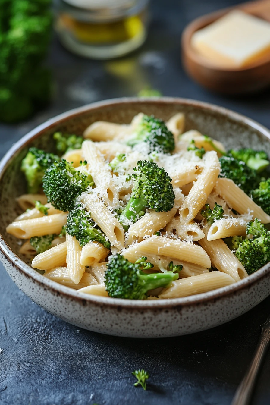 Close-up of one pot pasta with broccoli in a bright, appetizing setting.