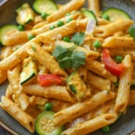 Close-up of creamy one pot pasta with curry and coconut milk, garnished with herbs.