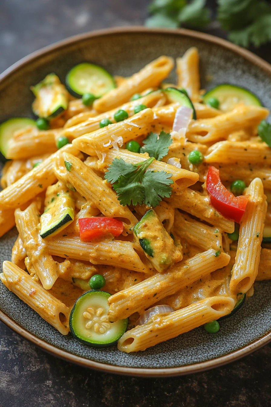 Close-up of creamy one pot pasta with curry and coconut milk, garnished with herbs.