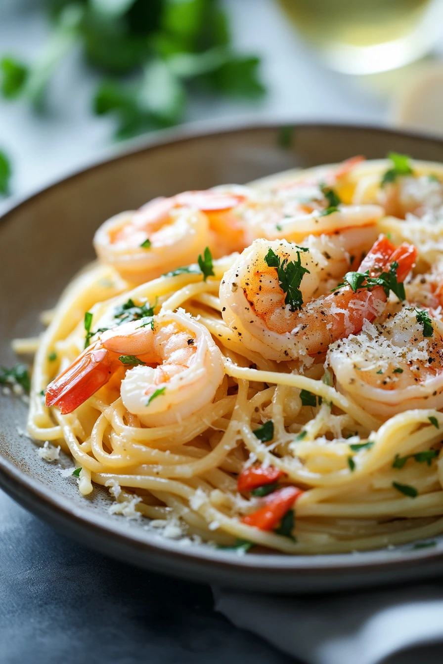 Close-up of one pot pasta with shrimp in a creamy sauce, garnished with herbs.