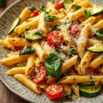 Close-up of creamy one pot pasta with herbs, bright and appetizing
