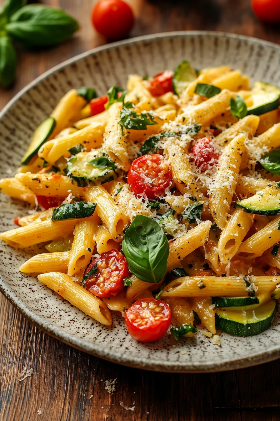 Close-up of creamy one pot pasta with herbs, bright and appetizing