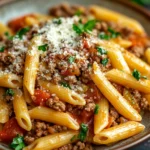 Close-up of one pot pasta with ground beef in a bright, warm setting.