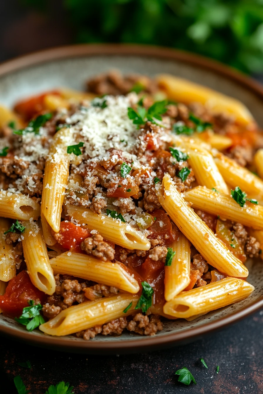Close-up of one pot pasta with ground beef in a bright, warm setting.