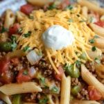 Close-up of creamy one pot rotel pasta with ground beef, garnished with herbs.
