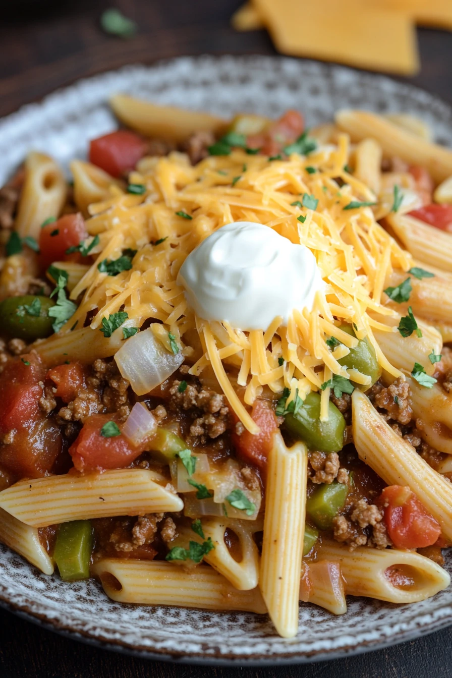 Close-up of creamy one pot rotel pasta with ground beef, garnished with herbs.
