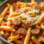 Close-up of one pot sausage and pasta with creamy sauce and herbs in a white bowl.