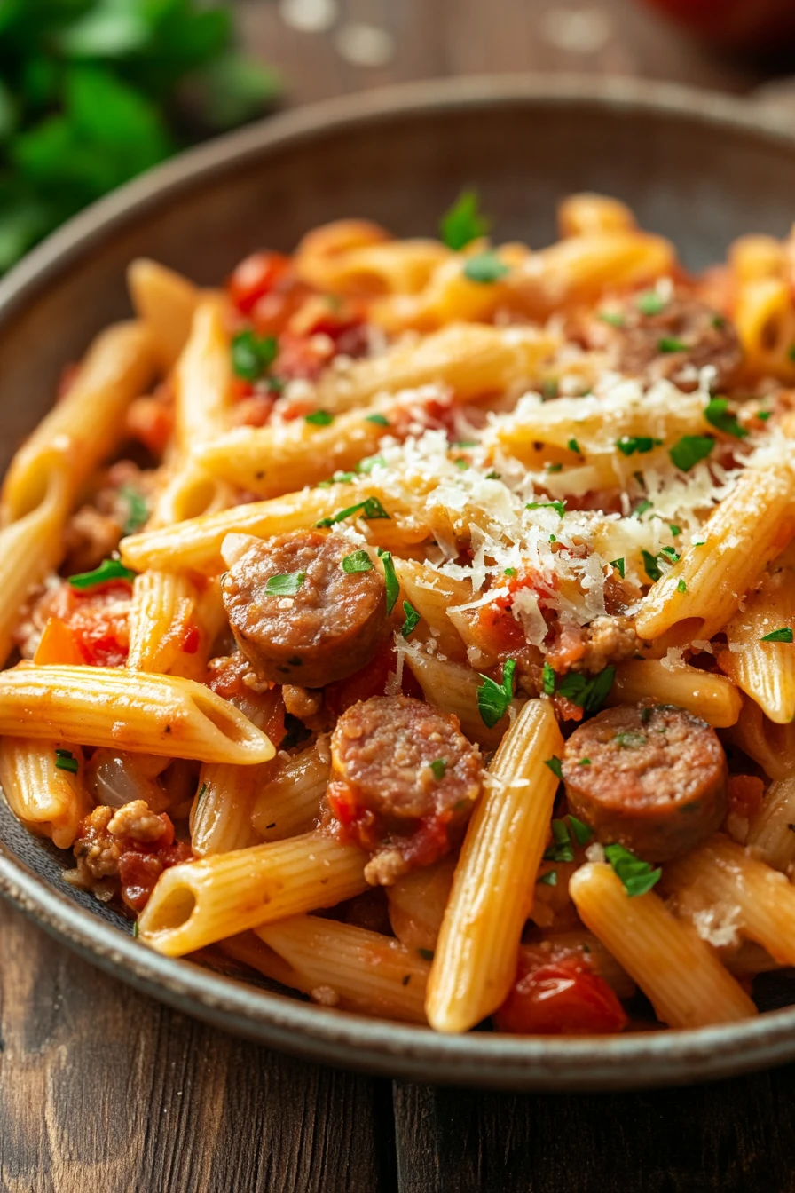 Close-up of one pot sausage and pasta with creamy sauce and herbs in a white bowl.